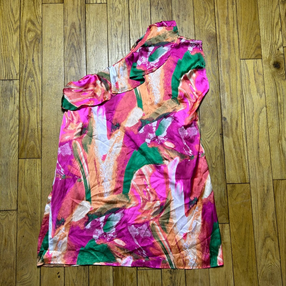 NEW Emily Wonder One Shoulder Abstract Floral Ruffle Mini Dress Pink Orange‎ M